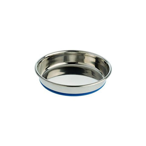 A large stainless steel cat bowl with a non-slip blue base, designed for durability and safety in feeding pets.