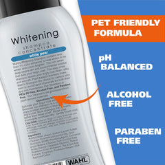 Wahl Whitening Shampoo Concentrate bottle with product features on a blue background