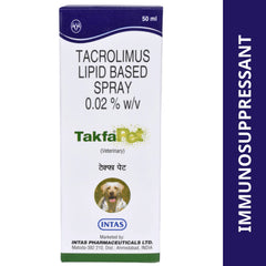 Tacrolimus lipid-based spray packaging for pets with TakfaPet branding.