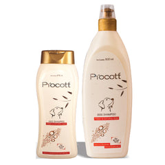Two bottles of Procott dog shampoo on a white background
