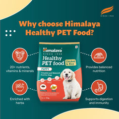 Himalaya Healthy Pet Food package with features on a green background