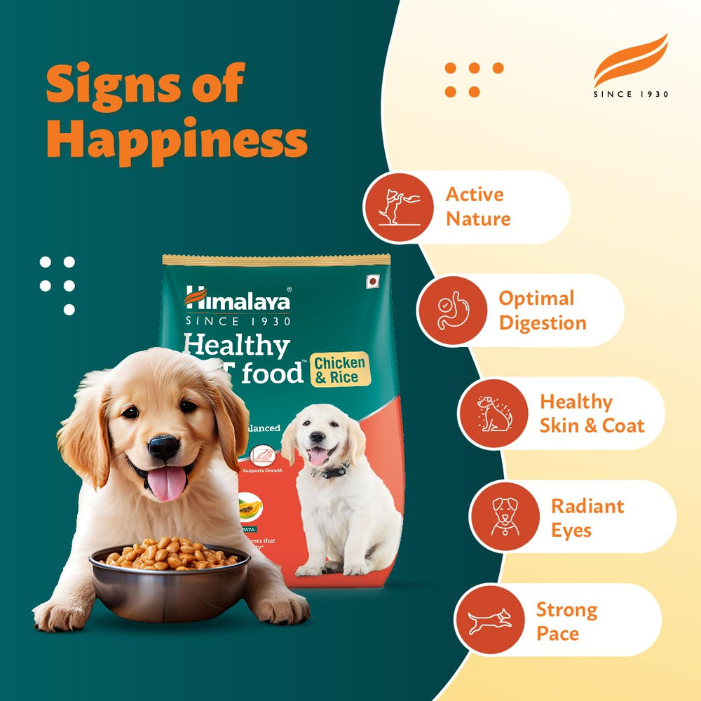 Himalaya Healthy Food for dogs with a puppy and dog, and 'Signs of Happiness' text on a green and yellow background.
