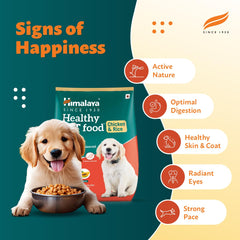Himalaya Healthy Food for dogs with a puppy and dog, and 'Signs of Happiness' text on a green and yellow background.