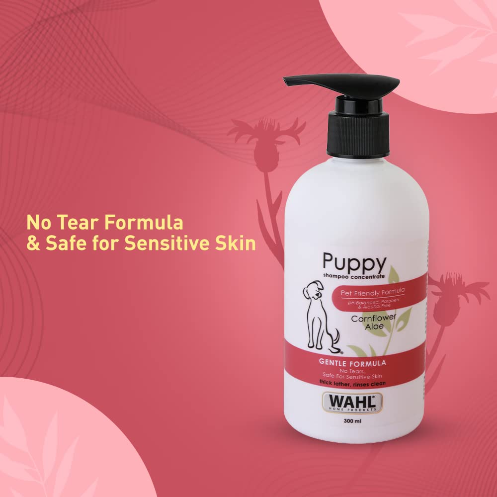 Wahl Puppy shampoo bottle on a pink background with text about no tear formula and sensitive skin safety.