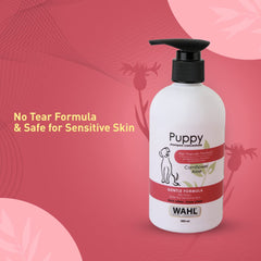 Wahl Puppy shampoo bottle on a pink background with text about no tear formula and sensitive skin safety.
