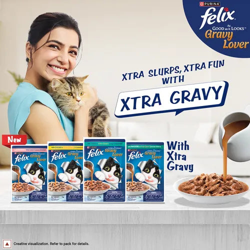 Advertisement for Felix cat food with a woman and cat, featuring Xtra Gravy packaging.