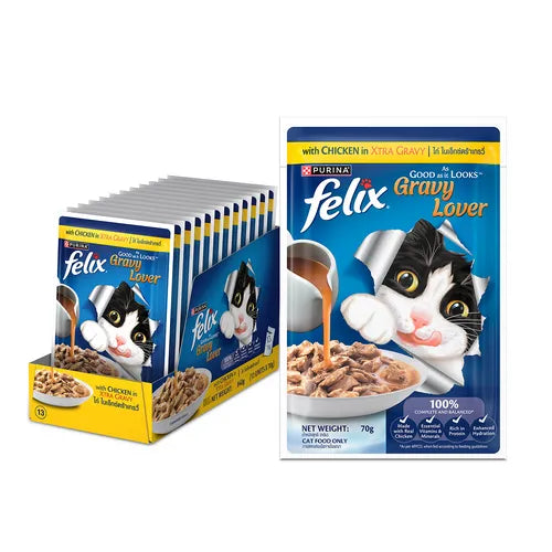 Purina Felix Gravy Lover cat food packaging on a white background