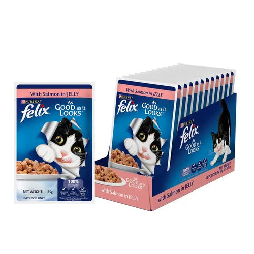 Felix cat food packaging with salmon in jelly on a white background