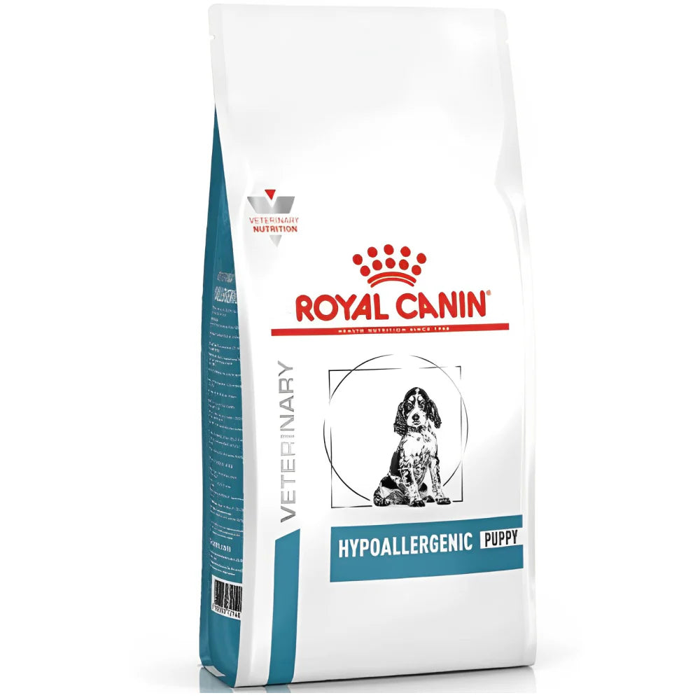 Royal Canin Veterinary Diet Hypoallergenic Puppy food bag on a white background