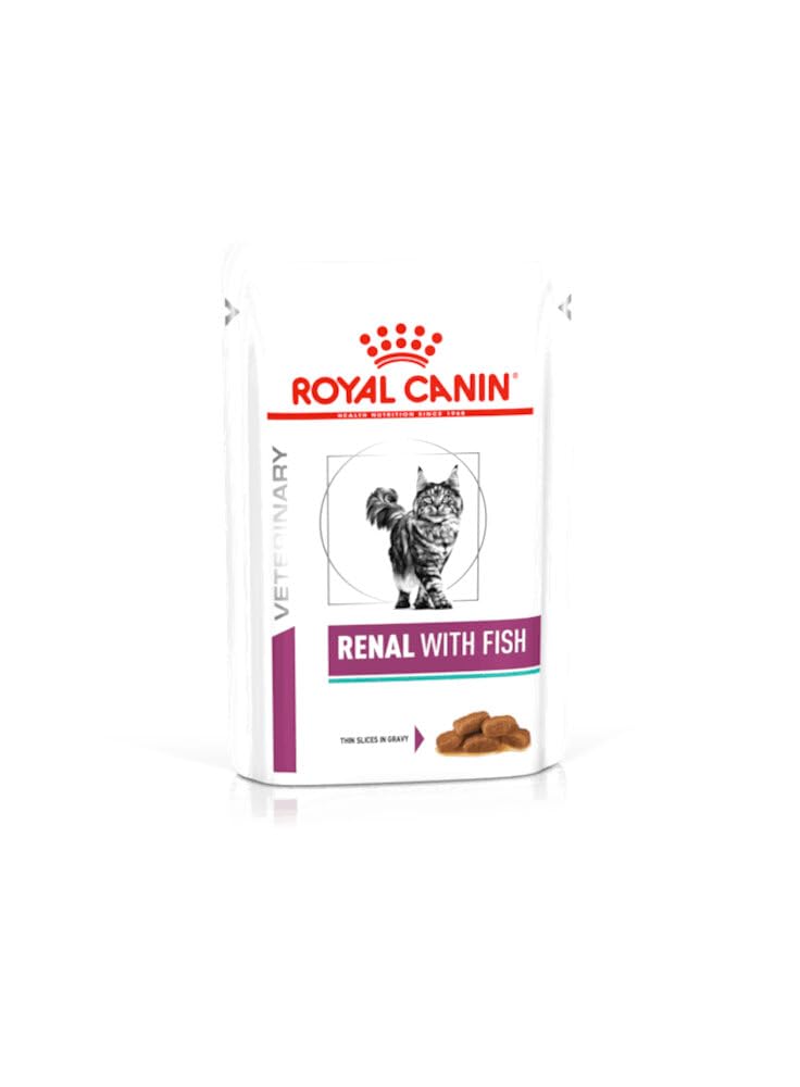 Royal Canin Veterinary Diet Renal with Fish cat food package on a white background