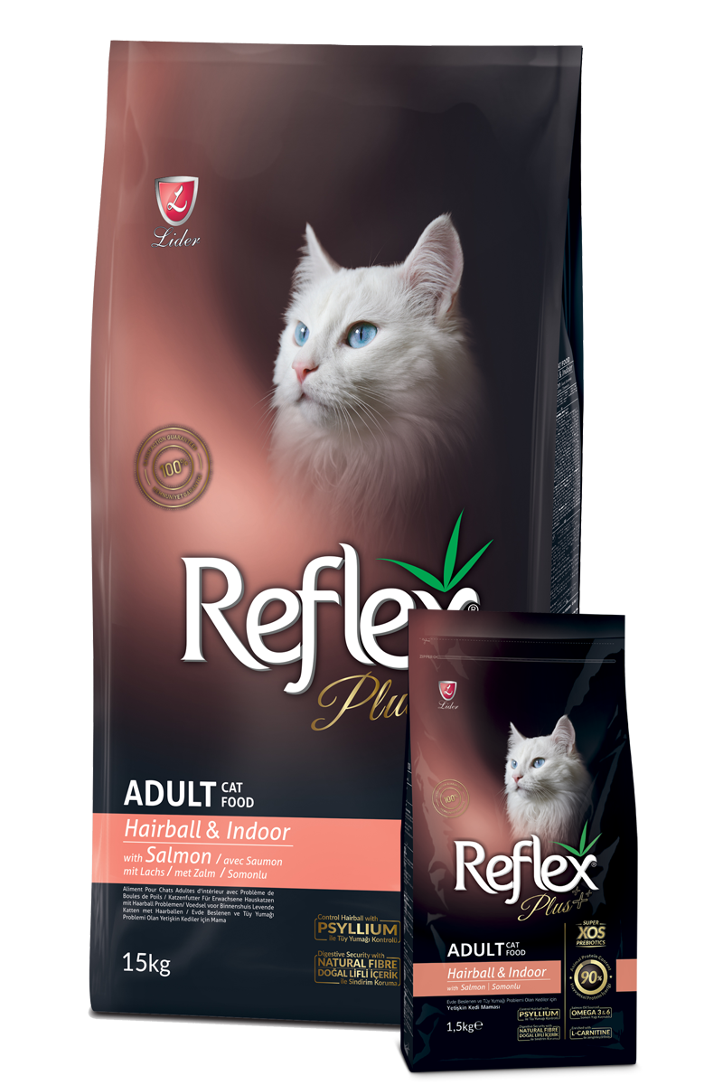 Reflex Plus Hairball Adult Cat Food with Salmon, 1.5 kg, food for hairball control.