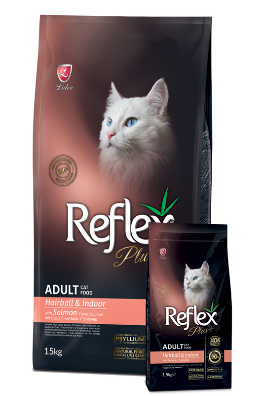 Reflex Plus Hairball Adult Cat Food with Salmon, 1.5 kg, food for hairball control.