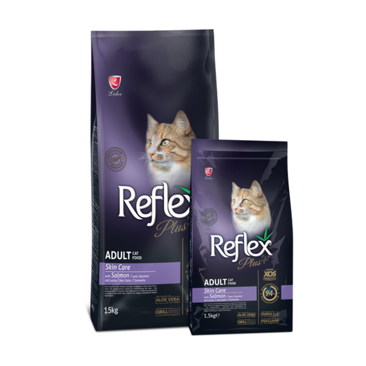 Reflex Plus Skin Care Adult Cat Food with Salmon, 1.5kg, food for healthy skin and fur.