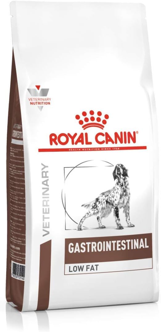 Royal Canin Veterinary Gastrointestinal Low Fat dog food packaging on a white background