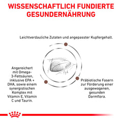 Product label with text in German about scientifically based nutrition, featuring a fish illustration and text about omega-3 fatty acids and vitamins.