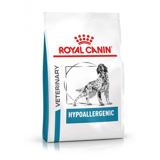 Royal Canin Veterinary Diet Hypoallergenic dog food package on a white background