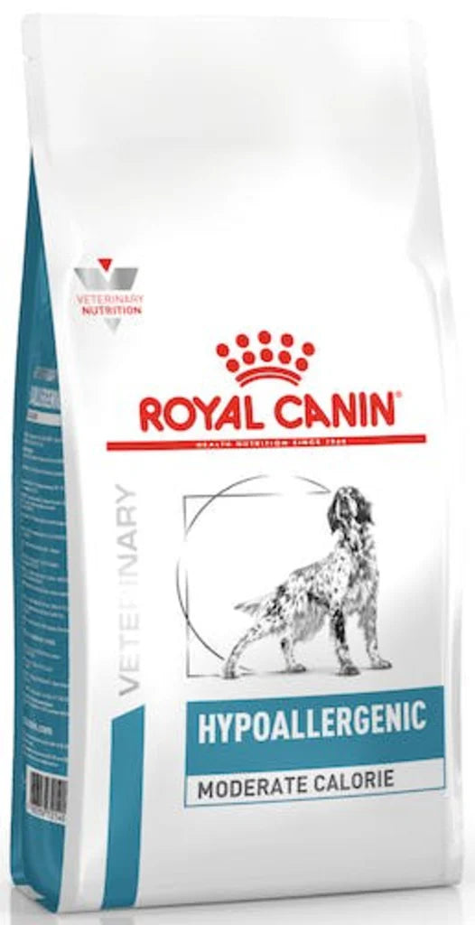 Royal Canin Veterinary Diet Hypoallergenic Moderate Calorie dog food packaging on a white background