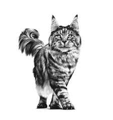 Black and white illustration of a cat on a white background