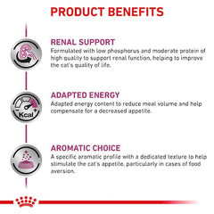 Product benefits for a cat food formulation with renal support, adapted energy, and aromatic choice.