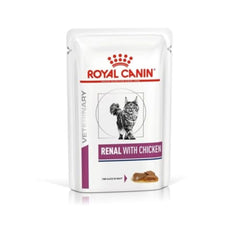 Royal Canin Veterinary Diet Renal with Chicken cat food package on a white background