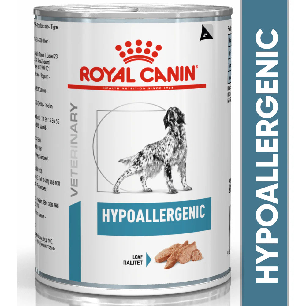 Royal Canin Veterinary Diet Hypoallergenic can for dogs on a white background