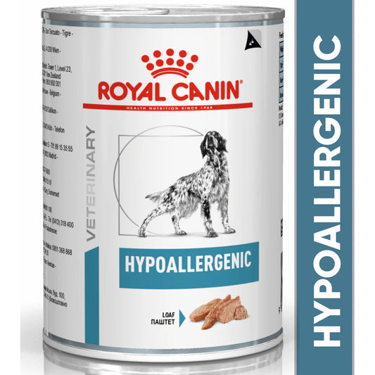 Royal Canin Veterinary Diet Hypoallergenic can for dogs on a white background