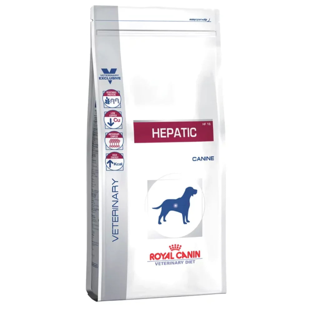 Royal Canin Veterinary Diet Hepatic Canine food bag on a white background
