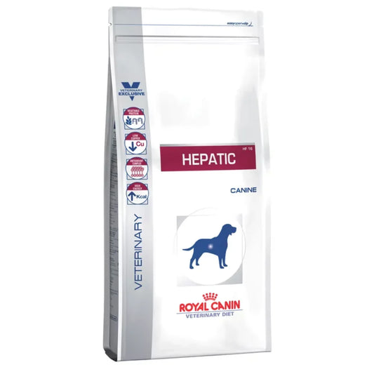 Royal Canin Veterinary Diet Hepatic Canine food bag on a white background
