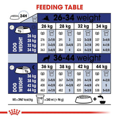 Feeding table chart for dogs with weight ranges and corresponding feeding amounts.