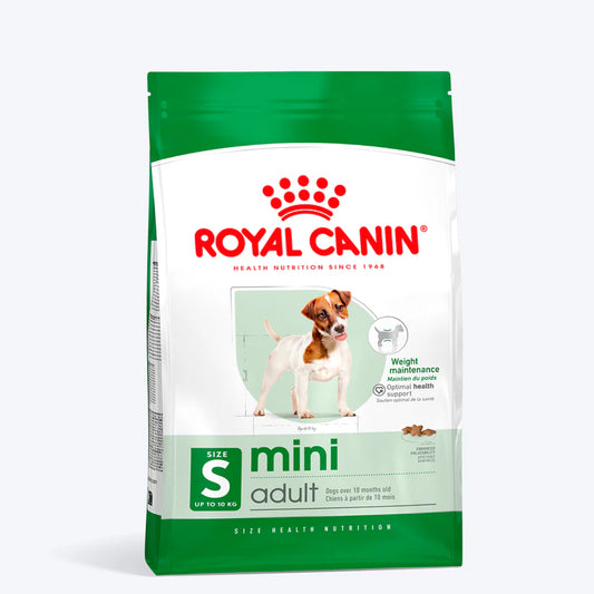 A bag of Royal Canin Mini Adult Dry Dog Food with a picture of a small white dog on the front.
