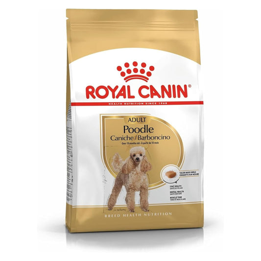 Royal Canin dog food package for adult Poodles on a white background