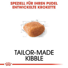 Dog food kibble with text about tailor-made kibble for dogs on a white background