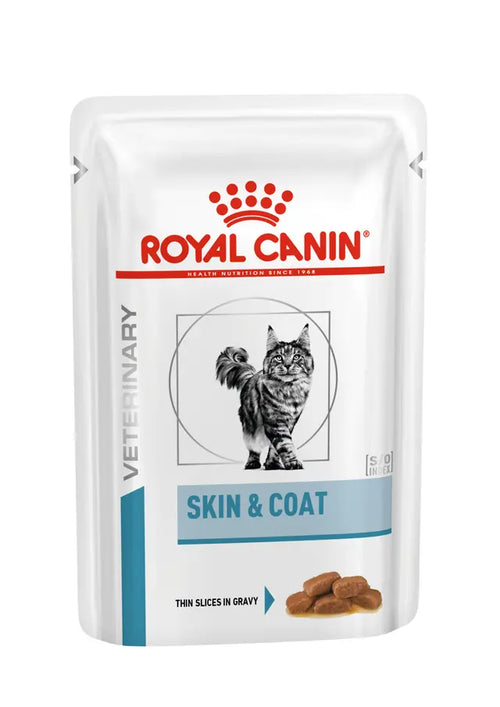 Royal Canin Veterinary Skin & Coat cat food pouch on a white background