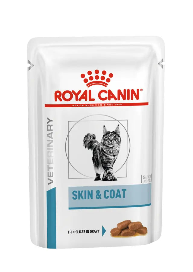 Royal Canin Veterinary Skin & Coat cat food pouch on a white background