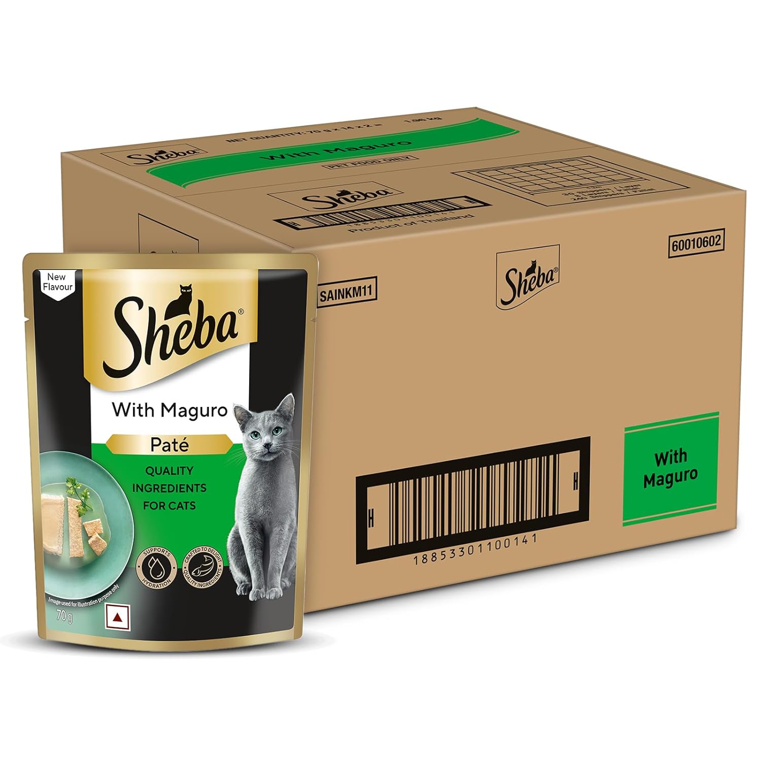 Sheba cat food packaging with a cardboard box on a white background