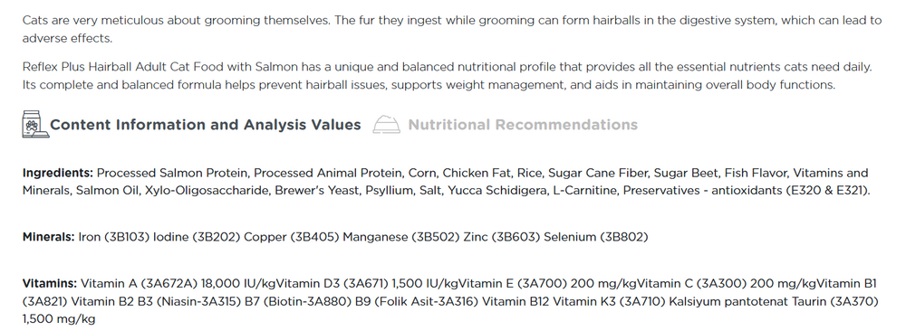 Salmon food for cats, Reflex Plus, good protein and easy to digest.