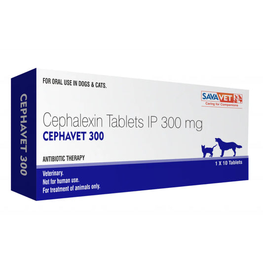 Box of Cephalexin Tablets IP 300 mg for dogs and cats by Sava Vet on a white background