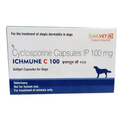Box of Cyclosporine Capsules IP 100 mg for dogs by Sava Vet on a white background