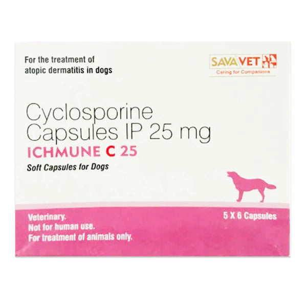 Box of Cyclosporine Capsules IP 25 mg for dogs by Sava Vet on a white background