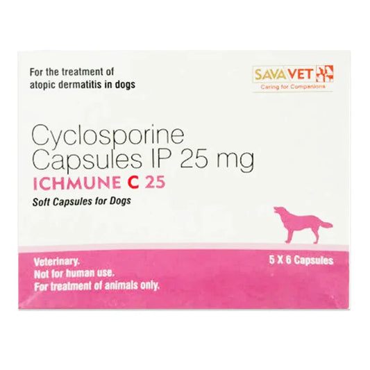 Box of Cyclosporine Capsules IP 25 mg for dogs by Sava Vet on a white background