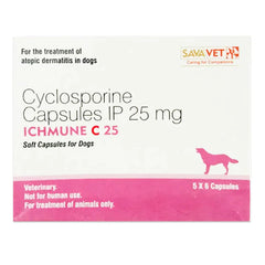 Box of Cyclosporine Capsules IP 25 mg for dogs by Sava Vet on a white background