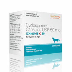 Cyclosporine Capsules USP 50 mg packaging for dogs on a white background