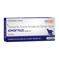 Box of KIWOF PLUS tablets for small, medium, and large dogs with Savayet branding.