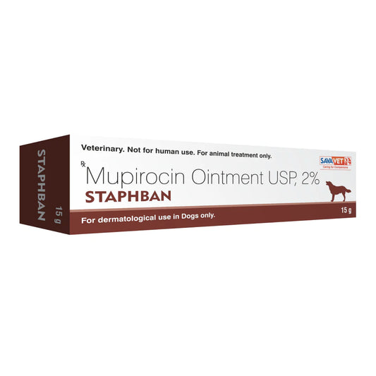Box of Mupirocin Ointment USP, 2% STAPHBAN for veterinary use on a white background