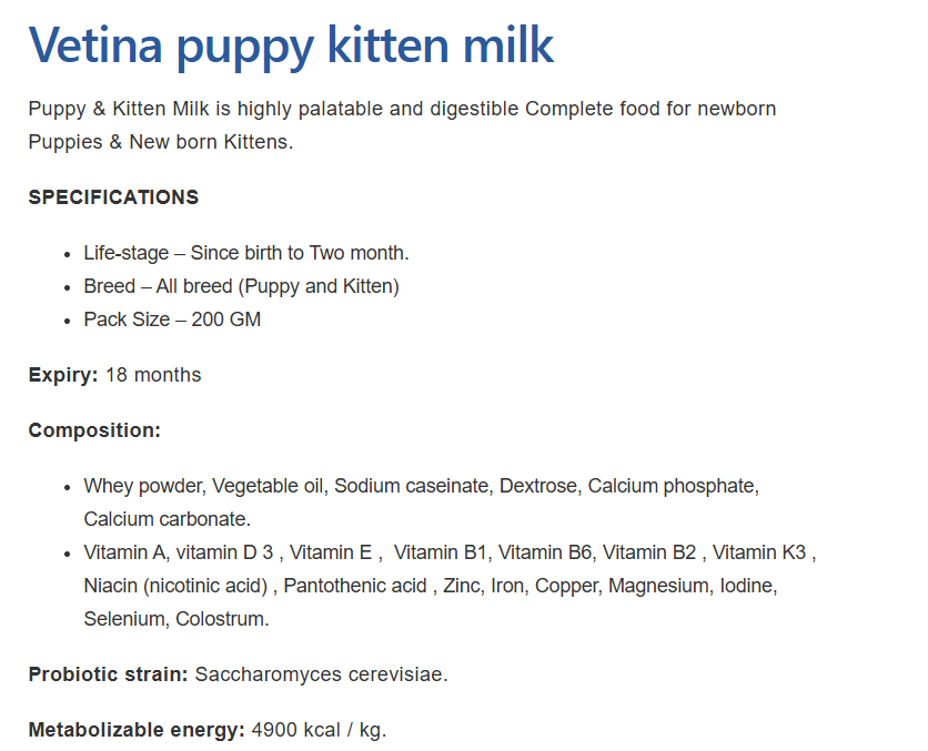 Vetina Puppy & Kitten Milk Replacer Powder.