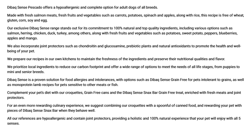 Low grain fish food for dogs, DIBAQ brand, for sensitive stomachs.