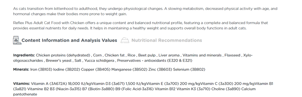 Adult cat food, Reflex Plus, vitamins and minerals for overall health.