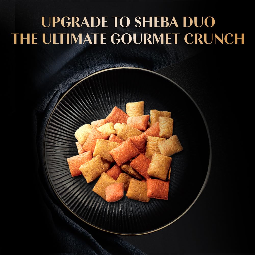 Dried pet food on a black plate with promotional text for Sheba Duo on a dark background