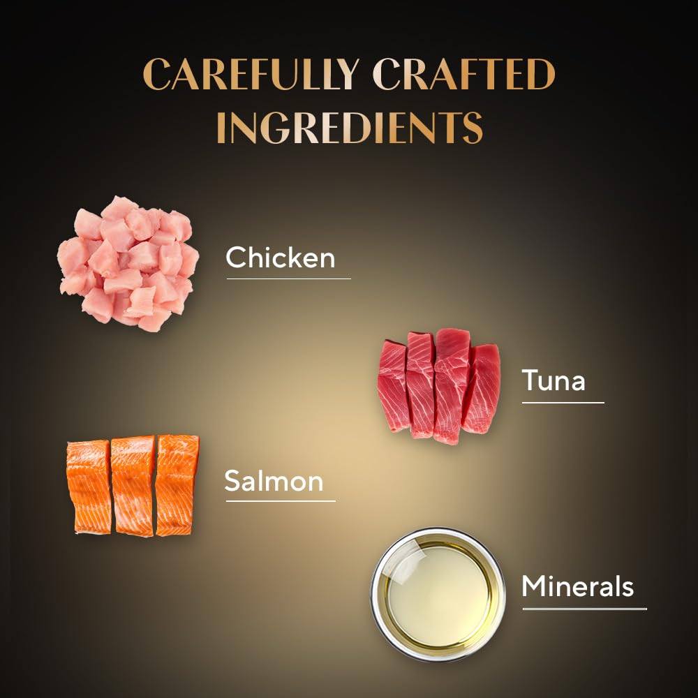 Carefully crafted ingredients including chicken, tuna, salmon, and minerals on a dark background.