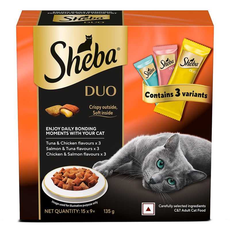Sheba Duo cat food packaging with a cat on a white background